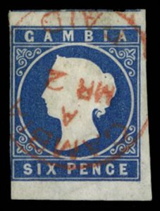 Gambia #4 (SG 8) Cat£200, 1874 6p blue, red cancel, margins clear at left, w...