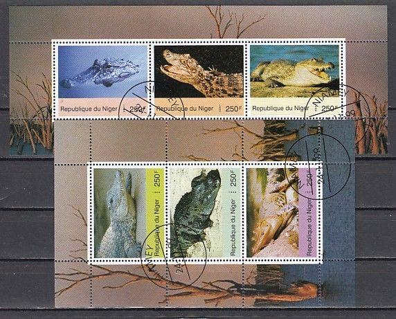 Niger, 1999 Cinderella issue. Crocodiles on 2 sheets of 3. Canceled.