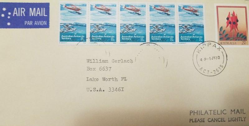 L) 1983 AUSTRALIAN ANTARCTIC TERRITORY, AIRPLANE, BLUE, 8C, ICE, FLOWER, NATURE 