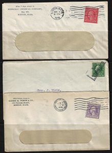 US 1918 COIL STAMPS 1c 2c & 3c WASHINGTON TIED ON THREE COVERS THE 1c PERF 8 1/2