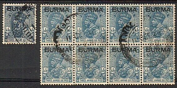 BURMA GV 1037 3a6p dull blue block of 8 fine used SG8b scarce..............17638