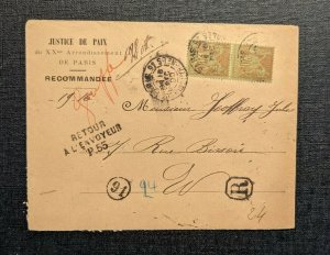 1899 Justice de Paix Paris France Registered Cover Return to Sender Aux