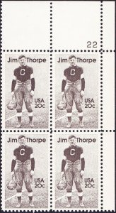 1984 Jim Thorpe Football Plate Block Of 4 20c Postage Stamps, Sc# 2089, MNH, OG