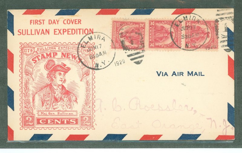 US 657 1929 2c Sullivan Expedition (pair + single) on an addressed handstamped airmail first day cover with an Elmira, NY cancel