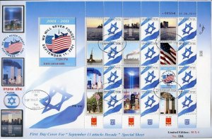 ISRAEL 2011 10th ANNIVERSARY 9/11 NY SITES II ON FLAG PERSONALIZED SHEET FDC