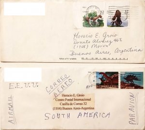 USA LOT OF 2 CIRCULATED COVERS FROM UNITED STATES TO ARGENTINA DINOSAURS STAMPS