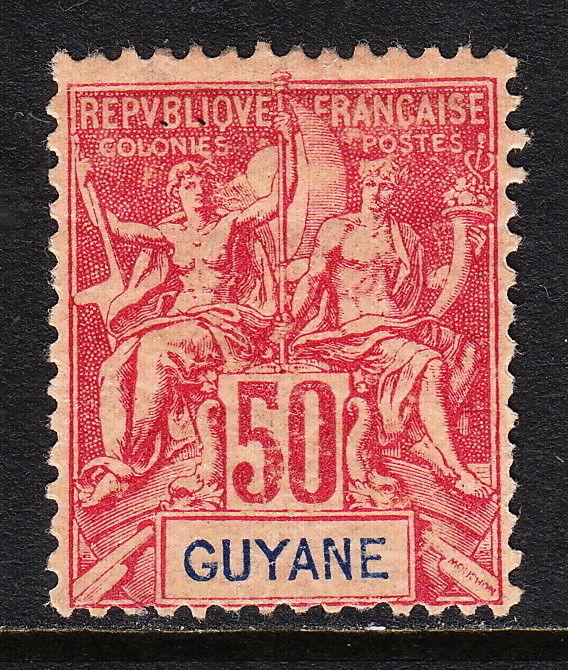 FRENCH GUIANA — SCOTT 46 — 1892 50c CARMINE ON ROSE — MH — SCV $32.50