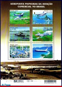 2821 BRAZIL 2001 COMMERCIAL AVIATION, AIRCRAFT, PLANES, MI# 3187-92, B-122, MNH