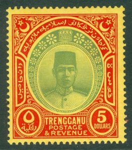 SG 44 Malaysia Trengganu 1921-41. $5 green & red, watermark script. A pristine..