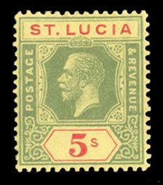 St. Lucia #89 Cat$60, 1921 5sh green and red, hinged