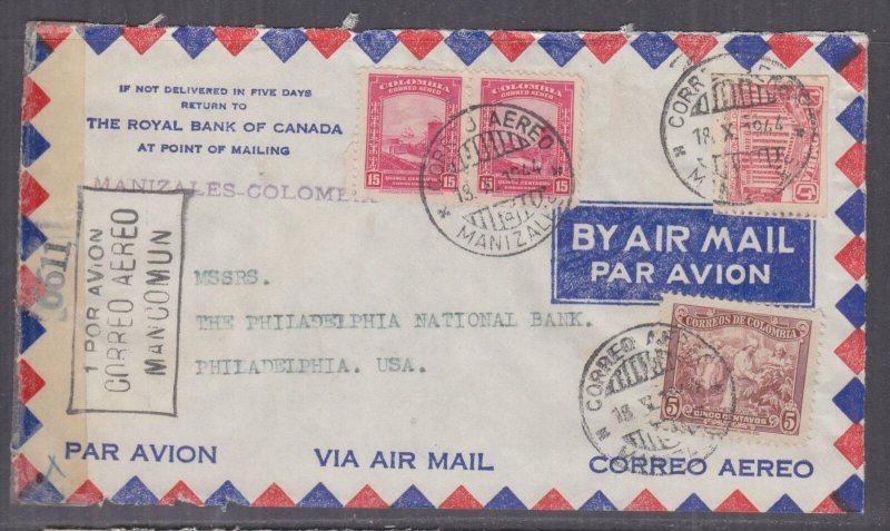 COLOMBIA, 1944 Airmail Censored cover, Manizales to USA, 1/2c., 5c. & 15c.(2).