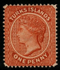 TURKS ISLANDS SG55b 1883 1d ORANGE-BROWN THROAT FLAW MTD MINT