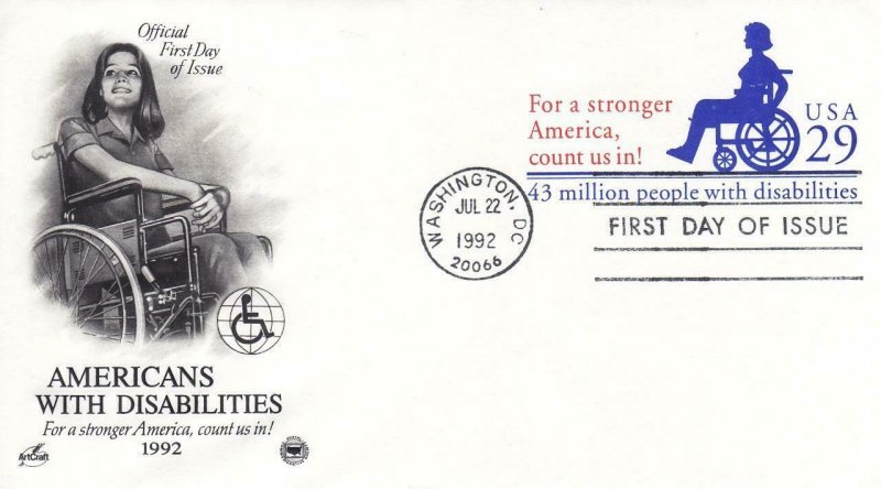 1992, Americans W/Disabilities Printed Envelope, Artcraft/ PCS, FDC (E8082)