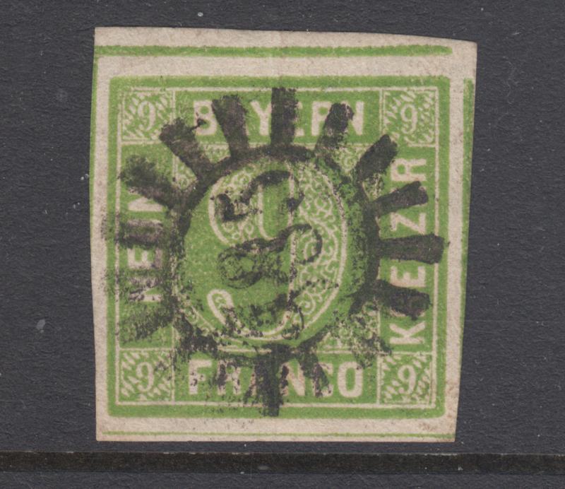 Bavaria Sc 6 used. 1850-58 9kr yellow green Numeral, 585 closed Millwheel cancel