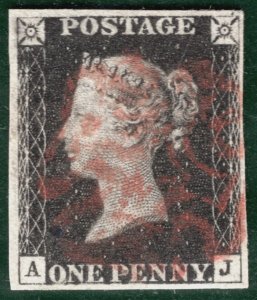 GB PENNY BLACK QV 1840 Stamp SG.2 1d Plate 9 (AJ) *STATE 1* AS57 Cat £625+ YOR32