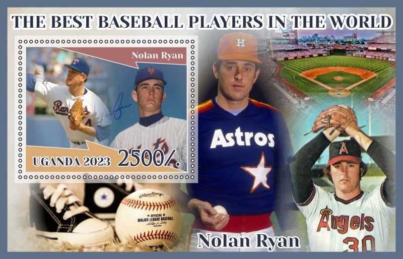 Stamps.Sports.Baseball Nolan Ryan 2023 year 1+1 sheets perforated Uganda NEW