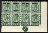 South West Africa 1923 KG5 1/2d green SE plate 5 block of...
