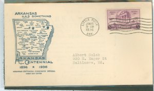 US 782 1936 Arkansas Centennial on an addressed (typed) FDC with an Arkansas centennial commission cachet