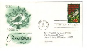 US 1445 8c Christmas - Partridge single on FDC Artcraft Cachet ECV $10.00