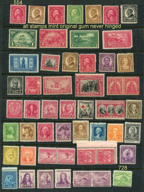 EARLY US MINT #554 // #728 50 Stamps total  (stock page not included)