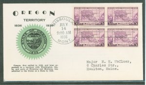 US 783 1936 3c Oregon Territory 100th Anniversary, block of 4, on an addressed, typed, FDC with a Kapner Cahet and a Missoula, M