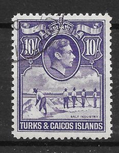 TURKS & CAICOS ISLANDS SG205 1938 10/= BRIGHT VIOLET USED (r)