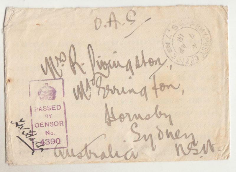 AUSTRALIA, 1916 WWI OAS cover, Army Post Office, S7, France to Hornsby, NSW.