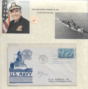 1945 3c US Navy Annapolis, MD FDC signed by Adm Elmo Zumwalt Jr (54514)