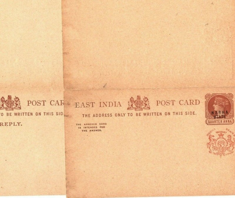 East India NABHA STATE Overprint QV Reply Postcards Matched Pair{2}{samwells}MM5