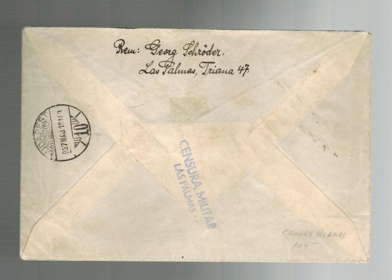 1937 Las Palmas Spain Airmail cover to Hungary Canary Islands Local Issue