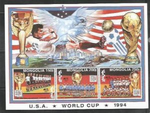 MONGOLIA - 1994 - World Cup, Atlanta - Perf 3v Souv Sheet - Mint Never Hinged