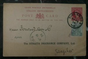 1894 Singapore Malaya Stationary Postcard Cover To Insurance Co In Zanzibar