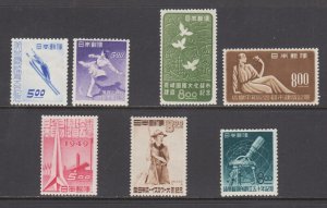 Japan Sc 444-445,448a, 465-466,467,478 MLH. 1949 issues, 5 cplt sets, fresh, VLH