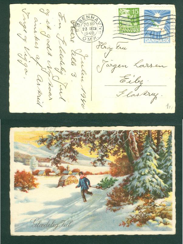 Denmark. Christmas Card 1940 With Seal + 15 Ore Ship. Boy,Sled,Tree. Copenhagen