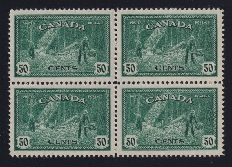 Canada Sc #272 (1946) 50c dark blue green Logging Block of 4 Mint VF NH