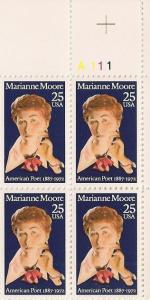 US 2449 Marianne Moore 25c plate block 4 UR A111 MNH 1990