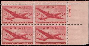 US #C32 5¢ SKYMASTER MNH UR PLATE BLOCK #23483 DURLAND .50¢