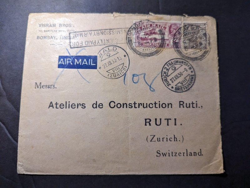 1930 British India Airmail Cover Bombay to Ruti Zurich Switzerland