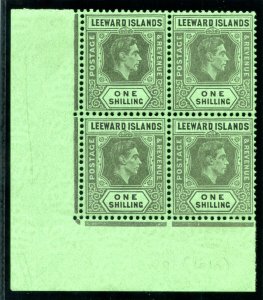 Leeward Islands 1942 KGVI 1s grey & black/emerald (O) block MNH. SG 110ba.