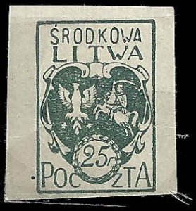 CENTRAL LITHUANIA, 1920, used 25f Imperf