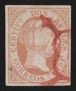 SPAIN 1851 Queen 2R red. Edifil 8 cat €16,000+. RARITY with certificate.