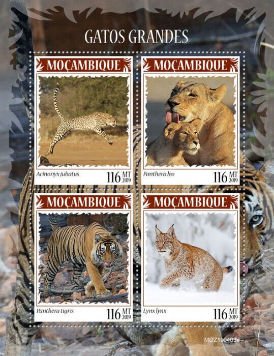 Mozambique 2019 MNH Wild Animals Stamps Big Cats Lions Tigers Lynx Cheetah 4v MS 
