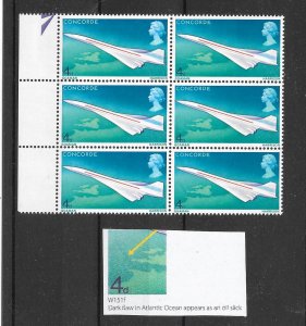 GB QEII 1969 4d Concorde Listed Flaw Oil Slick SG784f, R13/2. Mint Block of 6