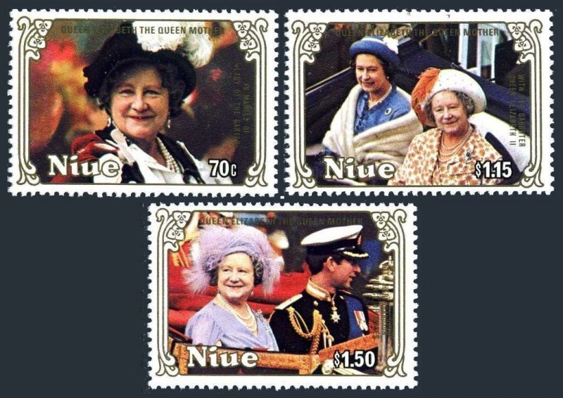 Niue 476-478,478a,479 sheets,MNH.Mi 618-621 klb. Queen Mother,85th birthday.1985
