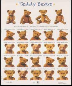 Teddy Bears Sheet of Twenty 37 Cent Stamps Scott 3653-56