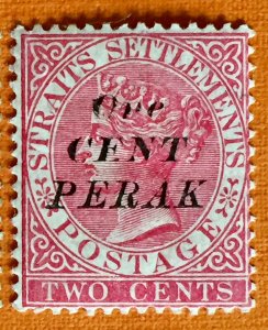 Malaya 1886 Perak opt Straits Settlements QV 1c on 2c MNG Damaged “One” SG#29