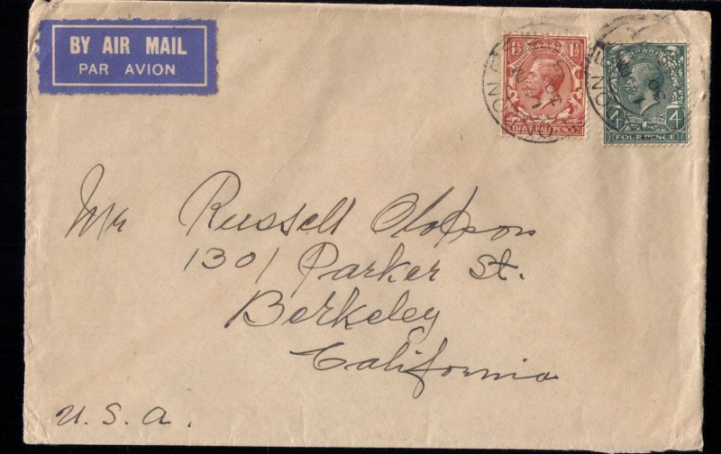 GB Postal Cover 1938 KGV Sc #212,216 London England To Berkeley Calif.USA  F-VF