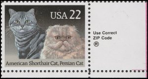 US 2375 American Cats American Shorthair & Persian 22c zip single LR MNH 1988