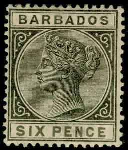 BARBADOS SG100, 6d Olive Black, M MINT. Cat £75.