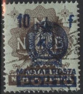 Hungary J196 (used cto) 10f revenue stamp, dk brn w/blue surcharge (1951)